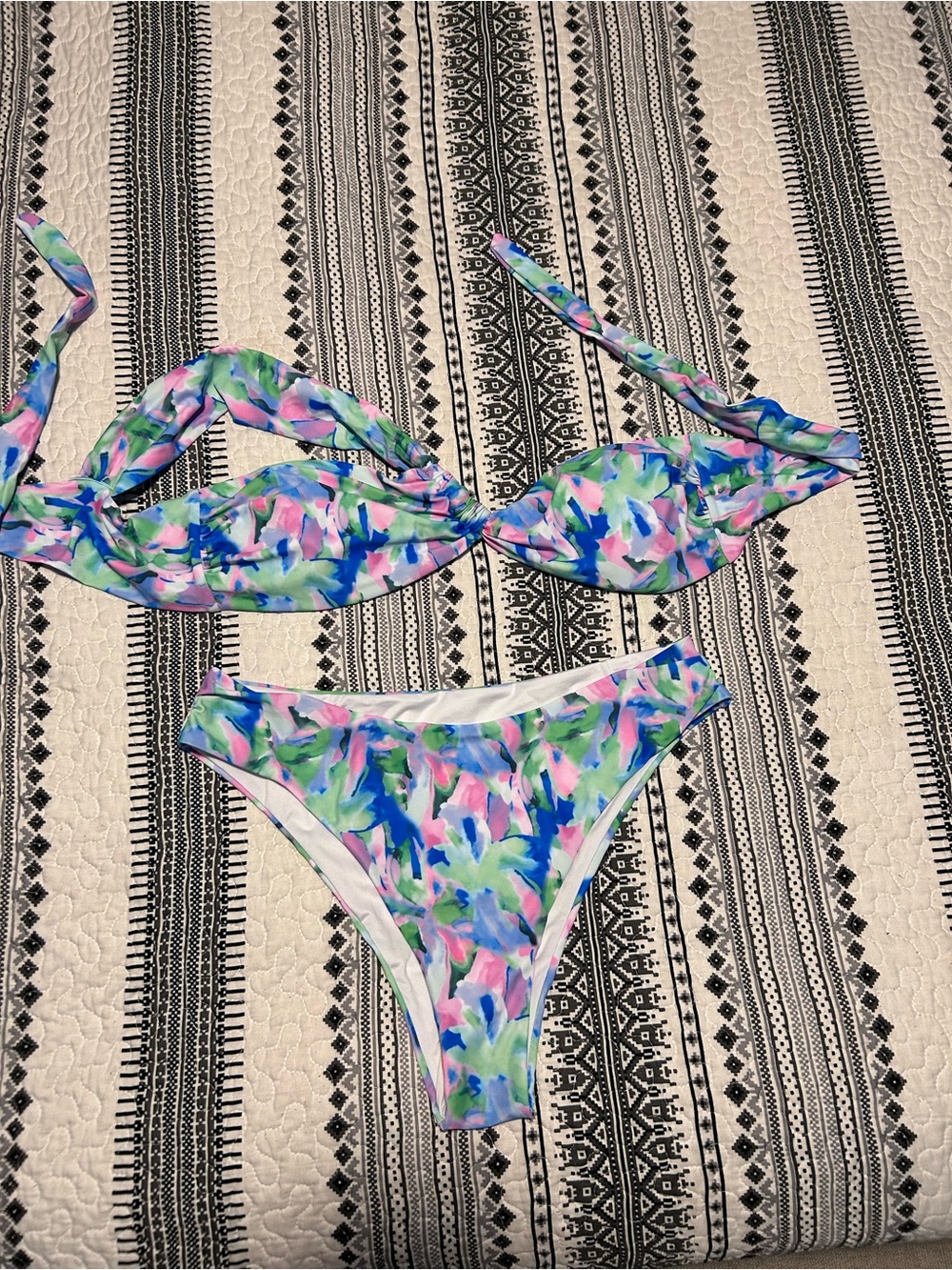 NWOT Colorful Floral Print Bikini Set - Pastel Blue Pink Green